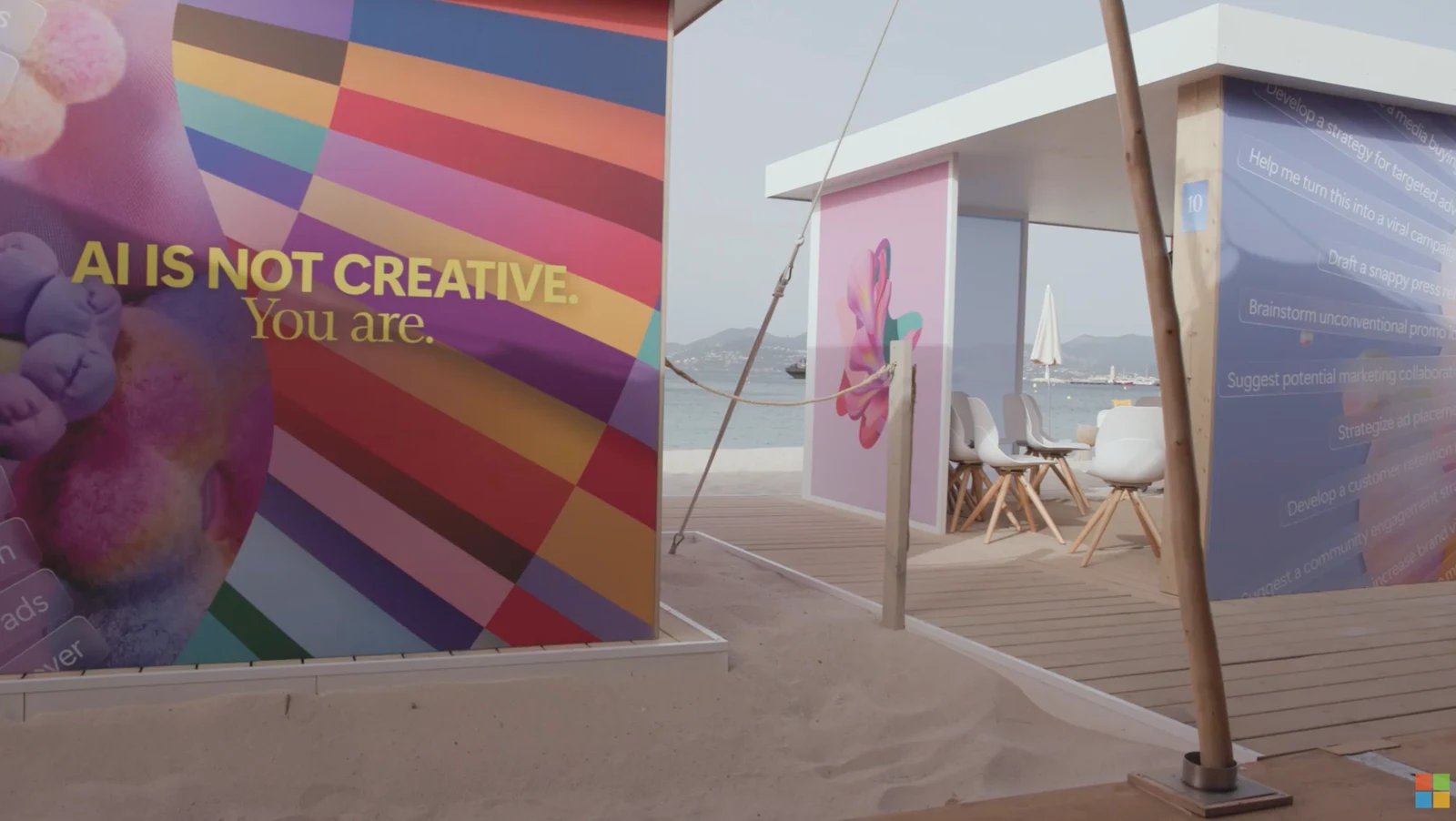 Colorful Microsoft Beach House installations beside the waterfront at Cannes Lions